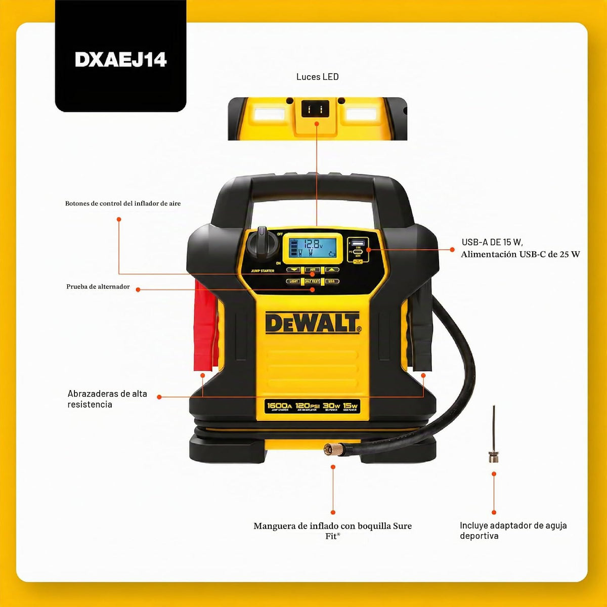 DEWALT DXAEJ14 Arrancador de salto de 1600 amperios pico con inflador de