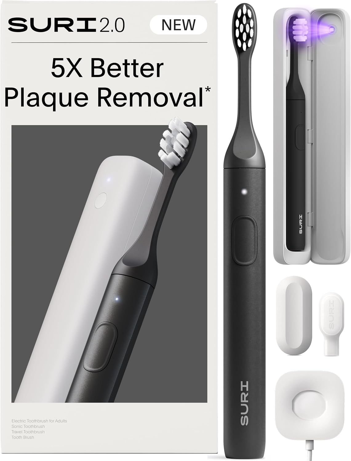 SURI Pro Sonic Cepillo de dientes eléctrico | Batería de más de 4 semanas | Estuche de viaje de limpieza UV | Sensor de presión | Cuerpo de aluminio | Temporizador de 2 minutos | Cabeza a base de