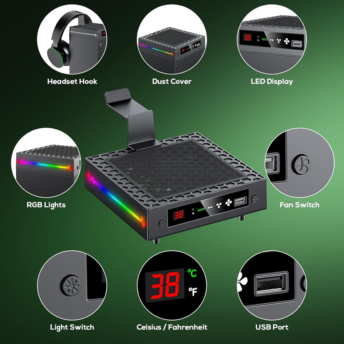 Auto Ventilador de Enfriamiento para Xbox Series X con Pantalla LED de Temperatura y 9 Luces RGB