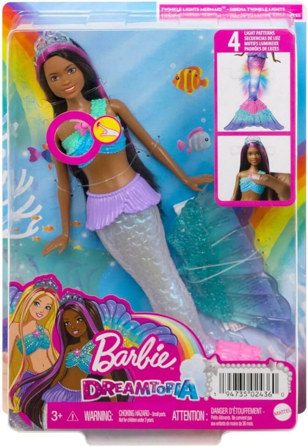 Muñeca de sirena Barbie con cola que se ilumina con luz brillante a...