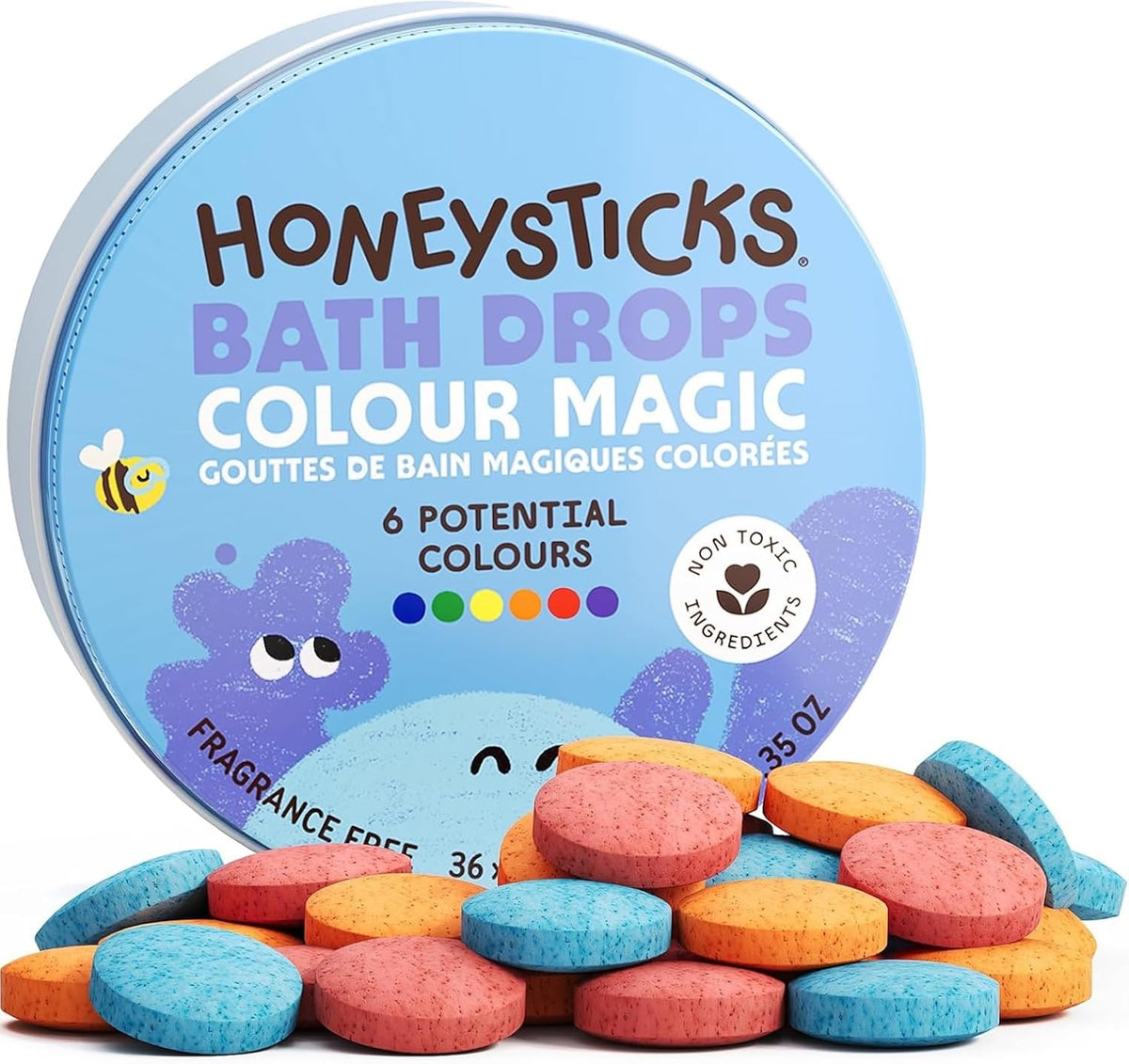 Honeysticks Tabletas de Color para Baño para Niños - Gotas No Tóxicas para Bañera Hechas con Ingredientes Naturales y Colores de Grado Alimenticio - Sin Fragancia - Diversión de Baño Efervescente y de