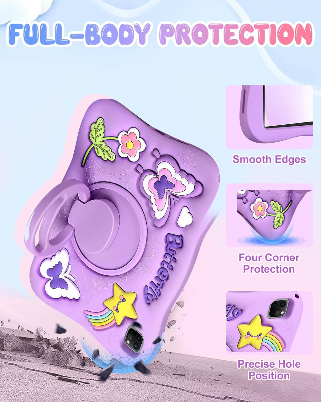 para iPad Air de 11 Pulgadas Funda M3 2025/M2 2024, Pro 11'' 4ª/3ª/2ª/1ª, Air de 5ª/4ª Generación - Linda Funda Kawaii para Niñas con Diseño 3D de Mariposas Moradas Giratorias y Correa de