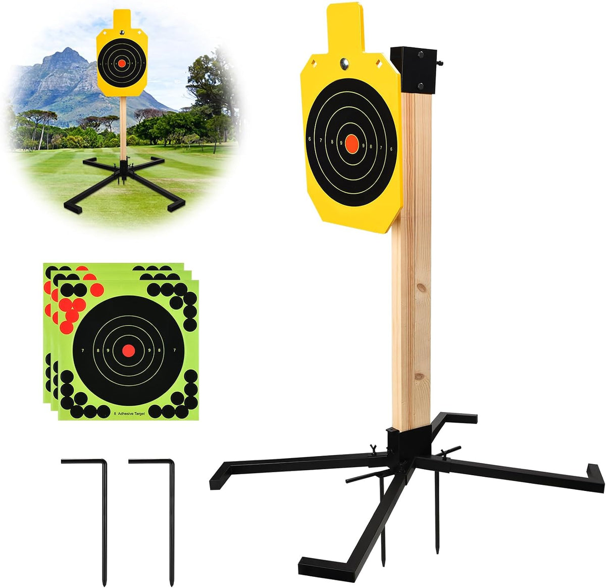 Sistema de soporte de acero AR500, objetivos de rehén de acero de 3/8 pulgadas de grosor con base de soporte estable de 2 x 4, kit completo de disparo con papel de objetivos de 10 piezas para