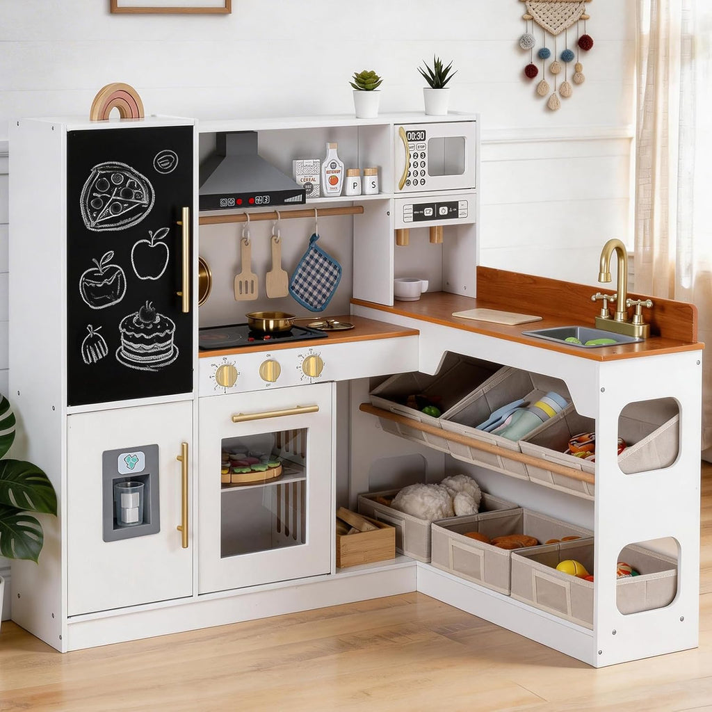 Cocina de juego de madera de esquina para niños con organizador