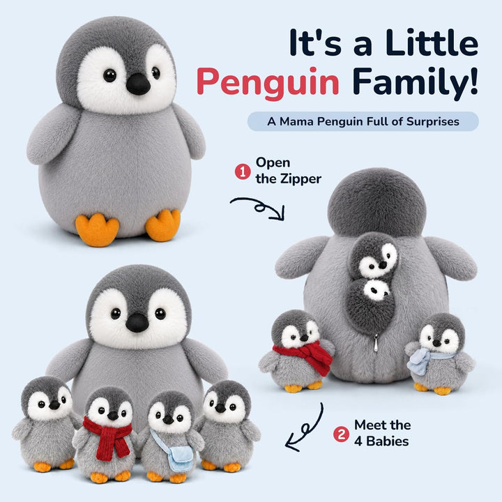 YIIQUWEN Juguete de peluche de pingüino, mamá pingüino con 4 pequeñ...