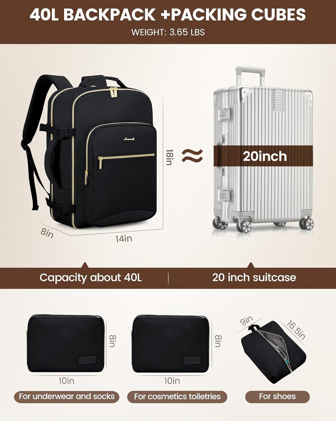LOVEVOOK Mochila de viaje para mujeres y hombres, 40L, aprobada por...