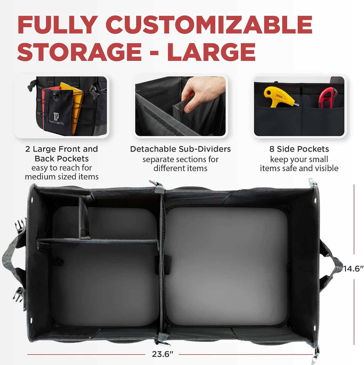 Caja organizadora portátil retráctil de varios compartimentos de primera calidad TrunkCratePro para autos, SUV, camiones, minivans, Negro