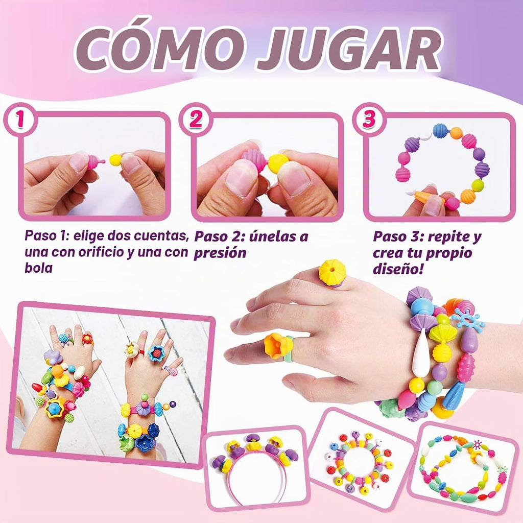 850 cuentas pop – Kit de fabricación de joyas para niñas de 3, 4, 5, 6, 7, 8 años, juguetes de artes y manualidades para niños, collar, pulsera, anillo, banda para el cabello, juego de broches de presión creatividad, regalos de cumpleaños para niños