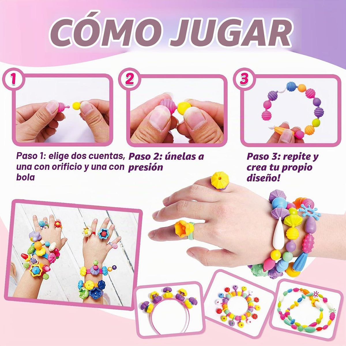 850 cuentas pop – Kit de fabricación de joyas para niñas de 3, 4, 5, 6, 7, 8 años, juguetes de artes y manualidades para niños, collar, pulsera, anillo, banda para el cabello, juego de broches de presión creatividad, regalos de cumpleaños para niños