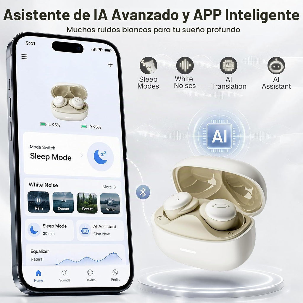 Auriculares para dormir de lado con ruido blanco y modo de sueño, auriculares ANC con cancelación de ruido para dormir, batería ultra larga, mini auriculares invisibles, Bluetooth 6.0 con función de