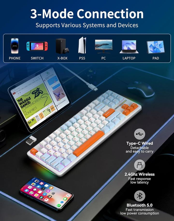 Aula F87 Pro Gaming Keyboard, Tri-Mode BT5.0\/2.4GHz\/USB-C Hot-Swa...