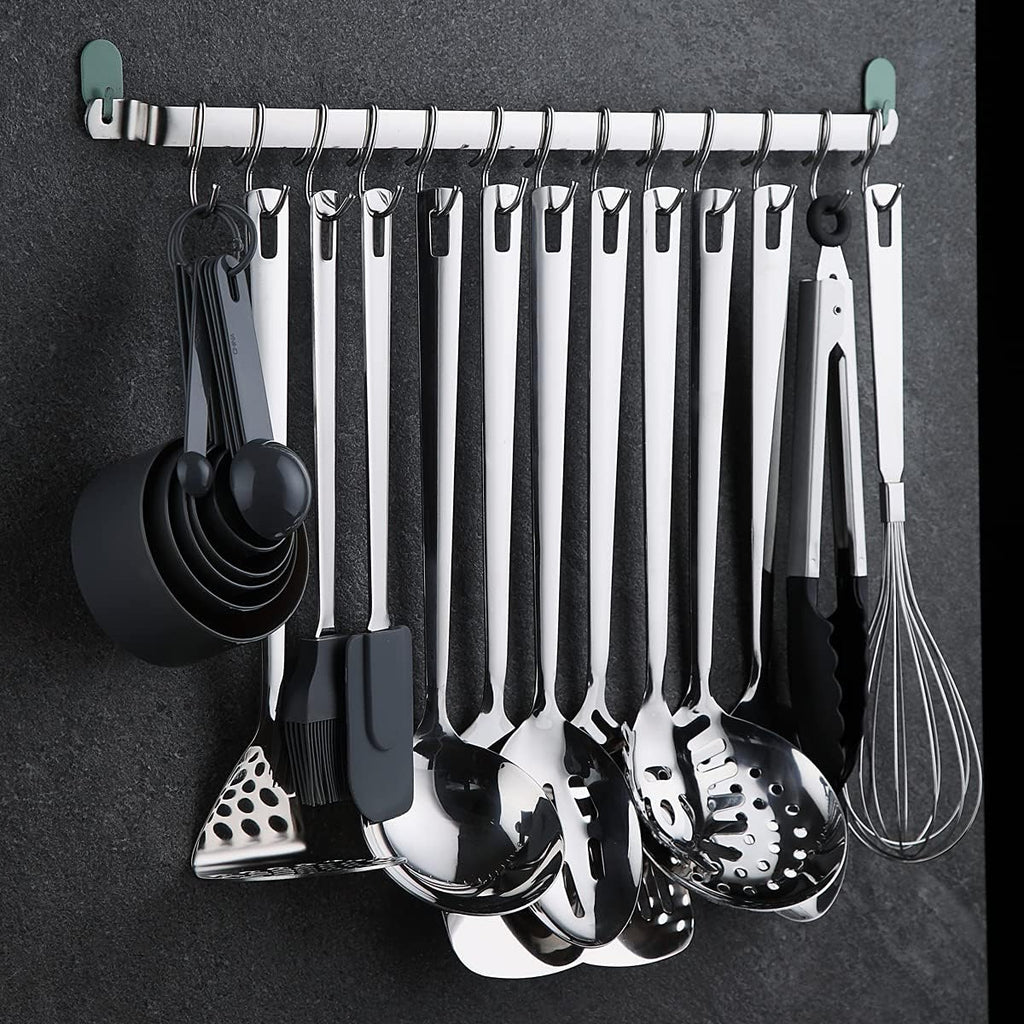 Kyraton - Juego de utensilios de cocina de acero inoxidable con de 37 piezas, juego de herramientas de cocina con soporte de utensilios, antiadherentes y resistentes al calor, aptos para lavavajillas