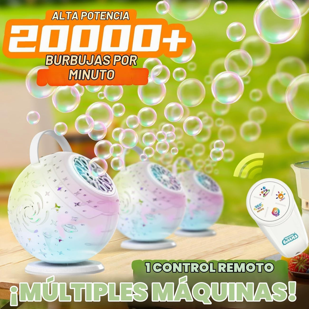 Máquina de burbujas recargable para niños con rotación de 90° 360°, control remoto (20-40M)