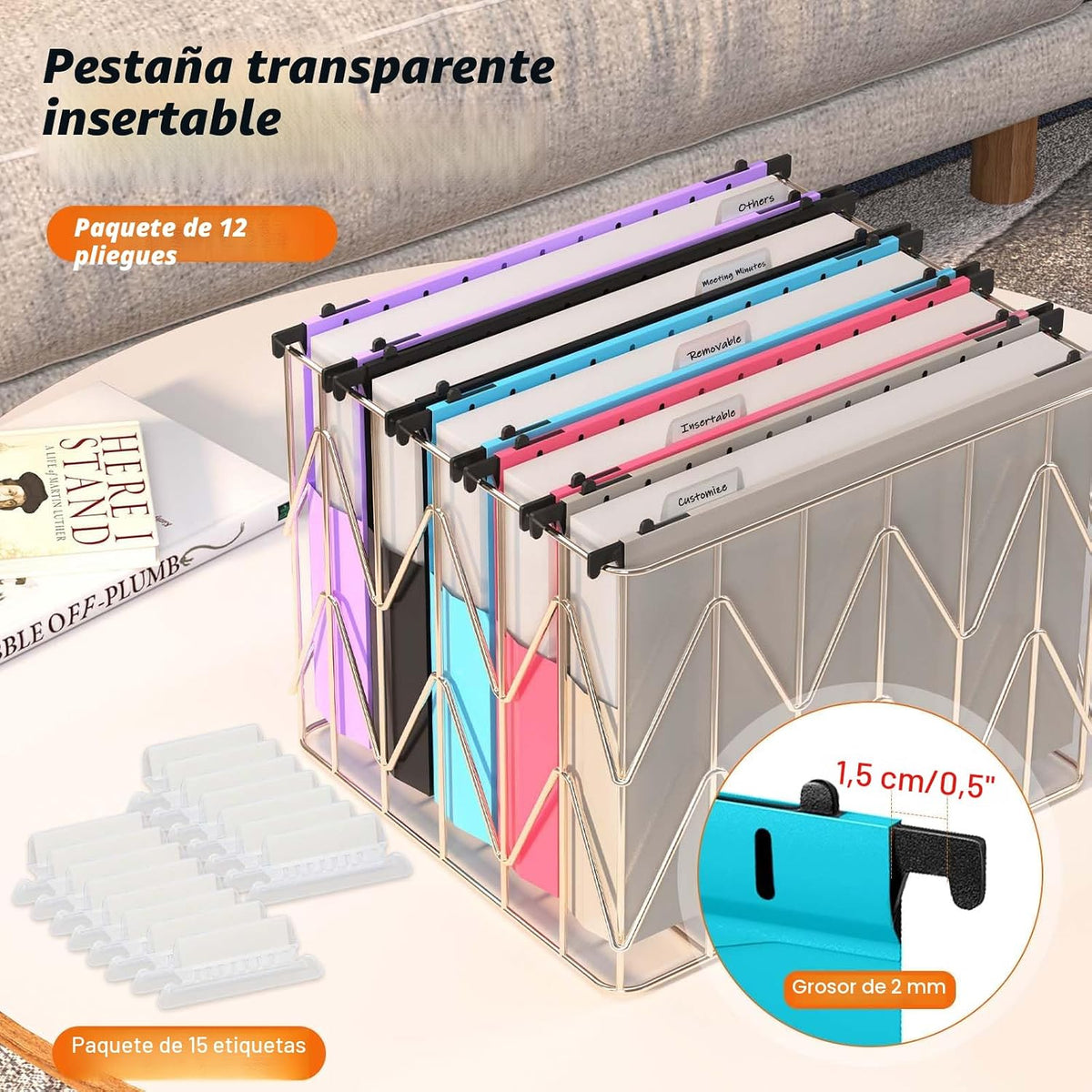 Carpetas colgantes de plástico de capacidad adicional, paquete de 12 carpetas colgantes expandibles reforzadas, tamaño carta, bolsillo de acordeón, expansión resistente de 2 pulgadas, organizador de