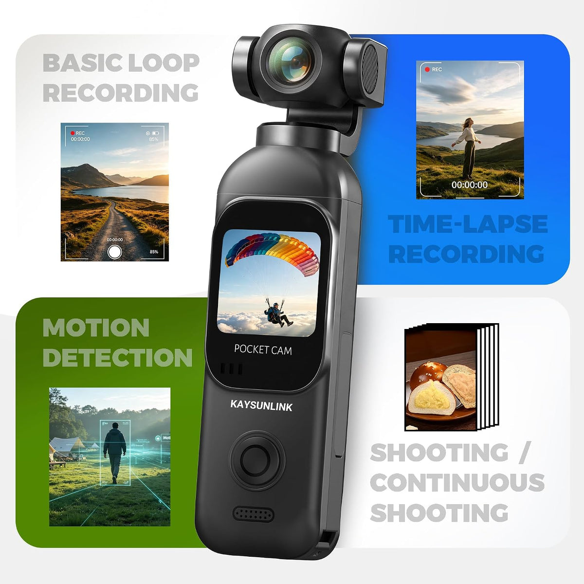 Kaysunlink Cámara de vlogging 1080P con lente giratoria de 270°, cámara de bolsillo POV de mano con pantalla táctil y WIFI, 5 horas de potencia, videocámara de grabación con un botón con tarjeta de 64