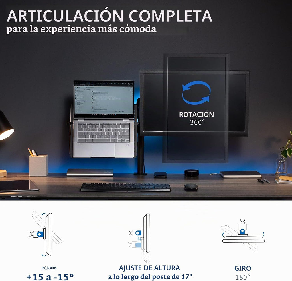 VIVO Negro totalmente ajustable de 13 a 32 pulgadas para monitor de computadora individual y soporte de escritorio para laptop, combinación con opción de ojal, se adapta hasta laptops de 17 pulgadas