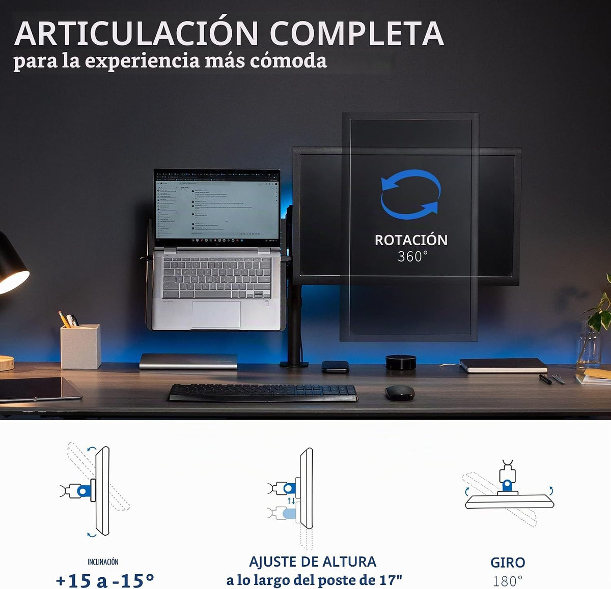 VIVO Negro totalmente ajustable de 13 a 32 pulgadas para monitor de computadora individual y soporte de escritorio para laptop, combinación con opción de ojal, se adapta hasta laptops de 17 pulgadas
