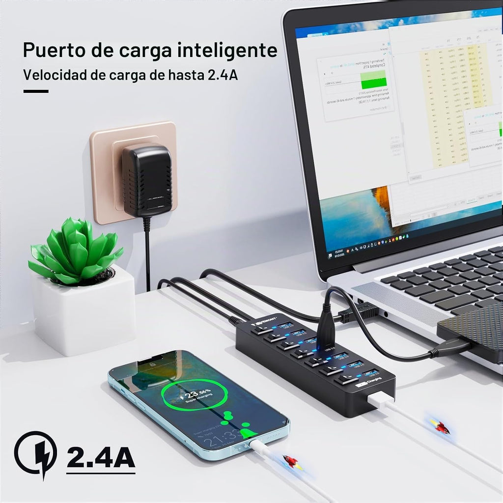 VEMONT, USB-3030, hub USB 3.0 de 7 puertos, alimentado, con puerto de carga inteligente, adaptador 5V/3A