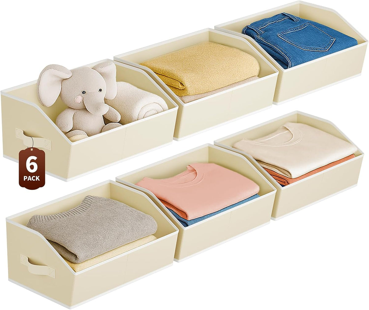 Organizadores grandes de armario y contenedores de almacenamiento, paquete de 6 cestas de almacenamiento trapezoidales para estantes, cestas de tela plegables con asas, ideales para armario, canasta, armario y almacenamiento de estantes, color beige