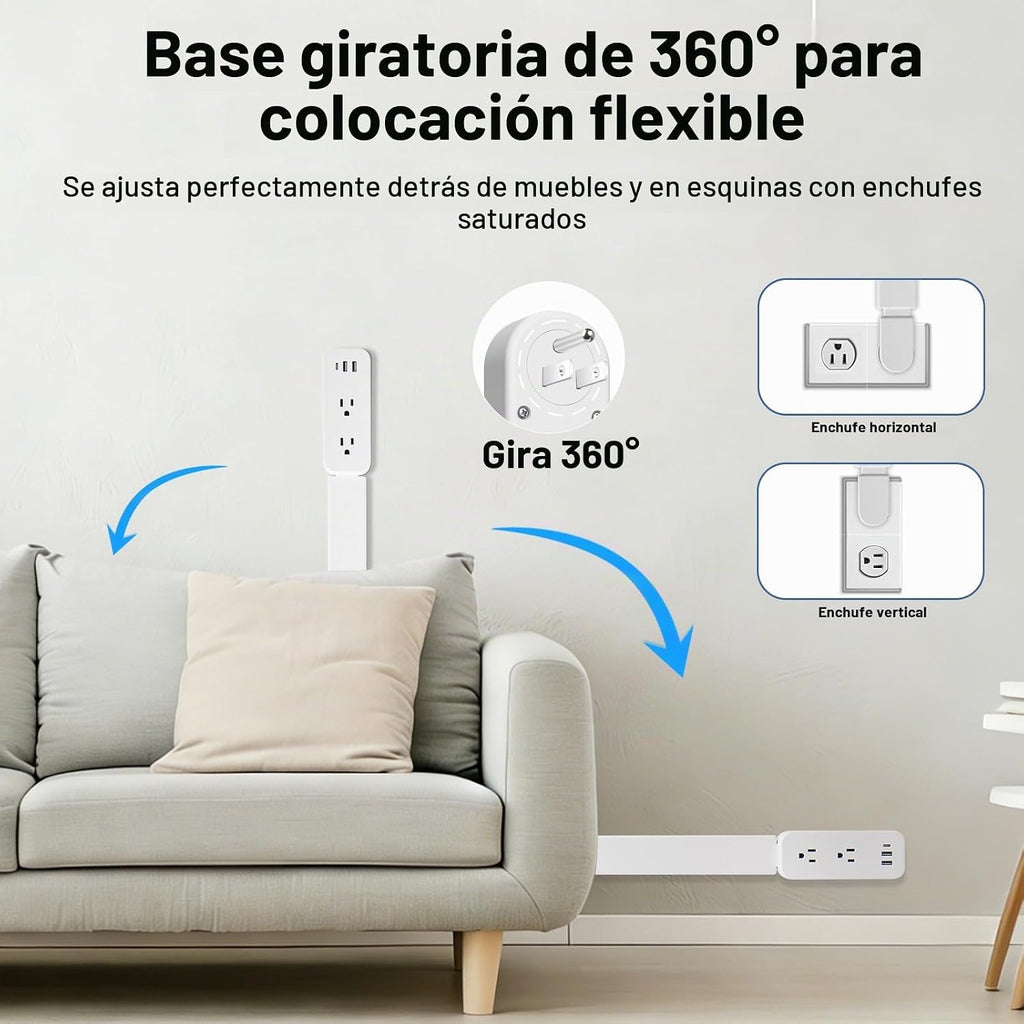 Extensor de Enchufe Eléctrico - Cuenta con USB-A, USB-C y 2 Tomas de CA, se Extiende 22"-34" (56-86 cm), Gira 180° para Acceder a Enchufes de Difícil Acceso, Expansor de Enchufe de Pared para Mesitas
