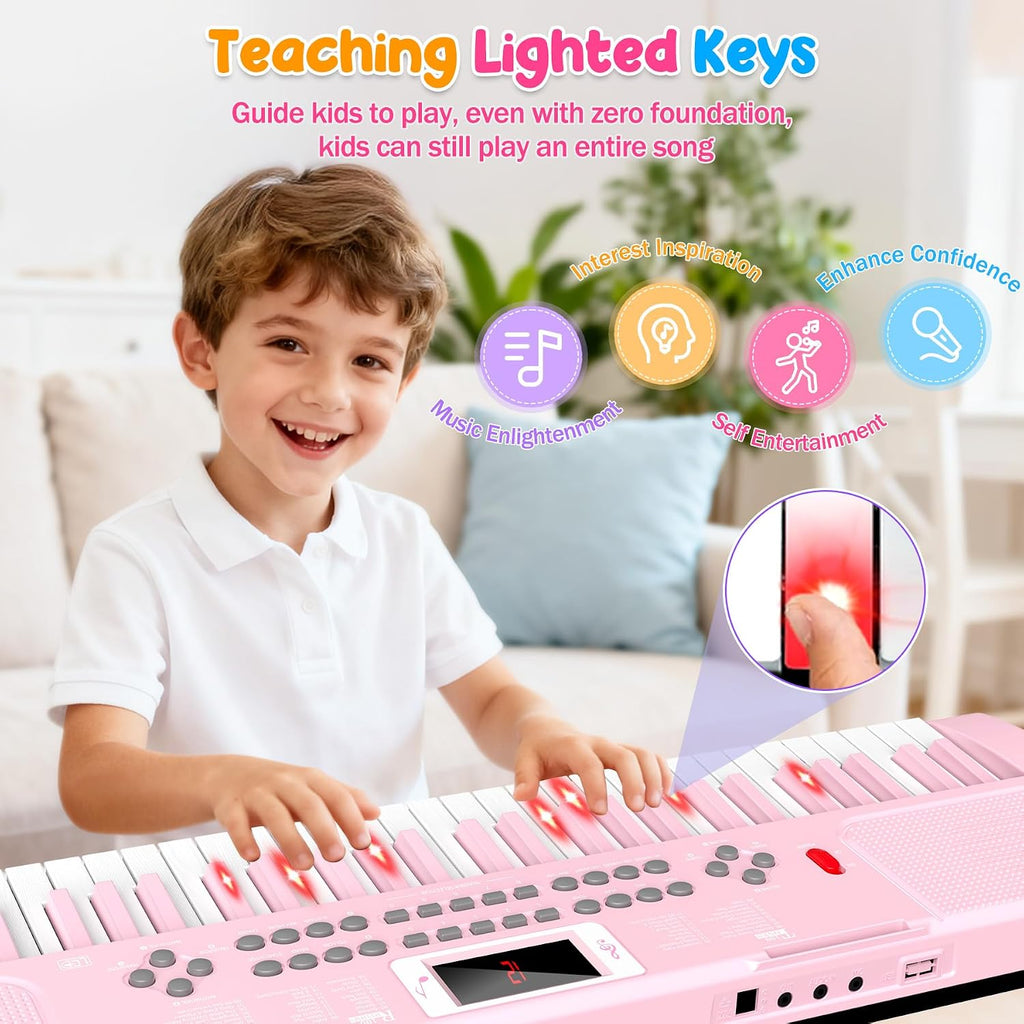 Teclado de piano para niños de 61 teclas con teclas iluminadas, modo de enseñanza, altavoz dual