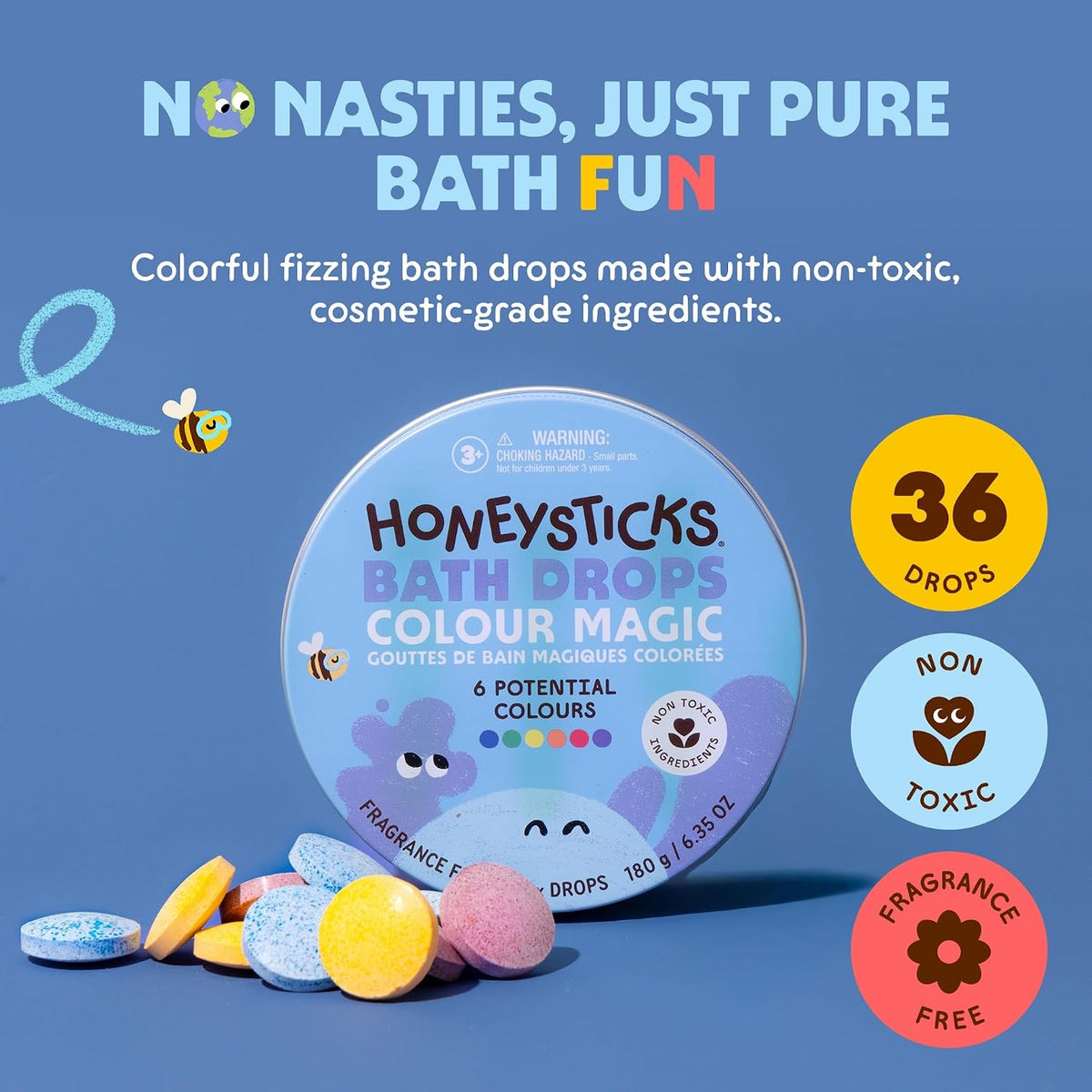 Honeysticks Tabletas de Color para Baño para Niños - Gotas No Tóxicas para Bañera Hechas con Ingredientes Naturales y Colores de Grado Alimenticio - Sin Fragancia - Diversión de Baño Efervescente y de