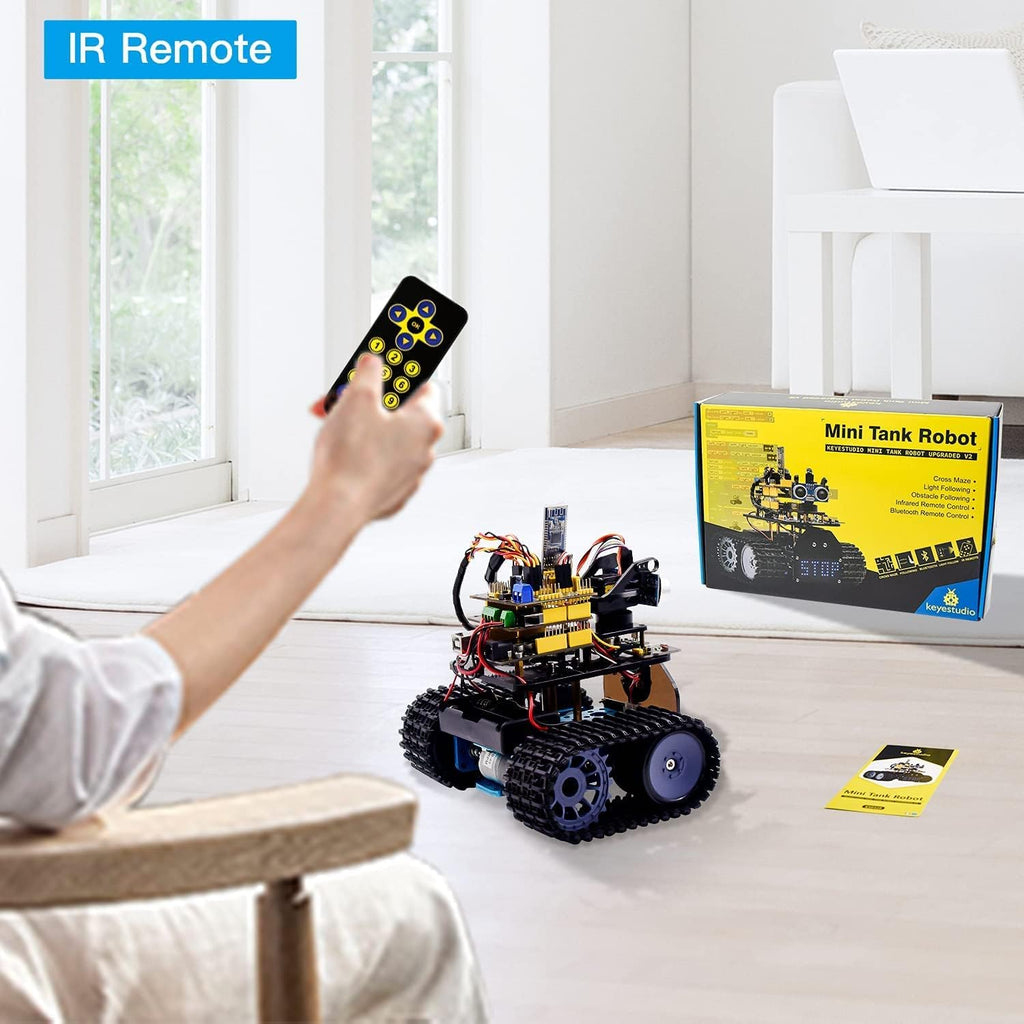 KEYESTUDIO - Kit robótico de mini tanque para Arduino, control remoto de aplicación/IR (iOS y Android), seguimiento ligero y ultrasónico, panel LED de 8 x 16 pulgadas, kit STEM para principiantes y