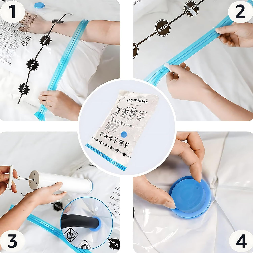 Amazon Basics Bolsas de almacenamiento al vacío para ropa, bolsas de almacenamiento de compresión que ahorran espacio con bomba de mano, resistentes, apilables, tamaño jumbo, transparentes