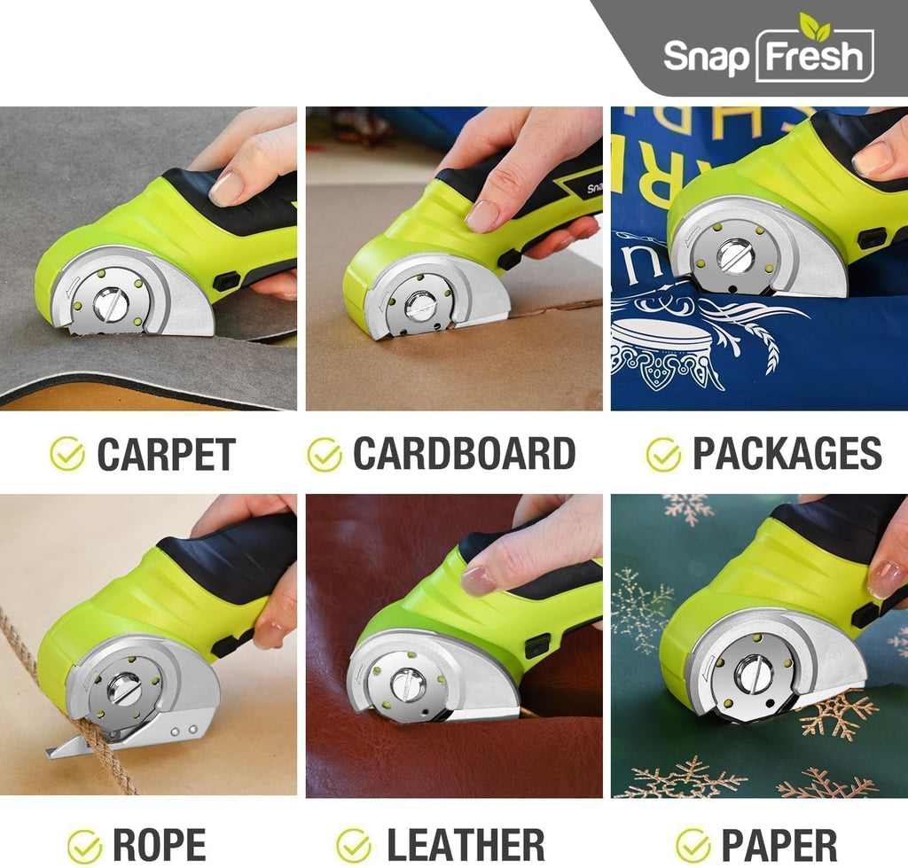 SnapFresh Tijeras Eléctricas Inalámbricas, Cortador de Caja Mini Eléctrico de 4V, Herramienta de Corte de Alfombra y Cartón con Hoja de Reemplazo/Cargador, Cortador Rotativo para Paquetes de Cartón