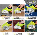 SnapFresh Tijeras Eléctricas Inalámbricas, Cortador de Caja Mini Eléctrico de 4V, Herramienta de Corte de Alfombra y Cartón con Hoja de Reemplazo/Cargador, Cortador Rotativo para Paquetes de Cartón