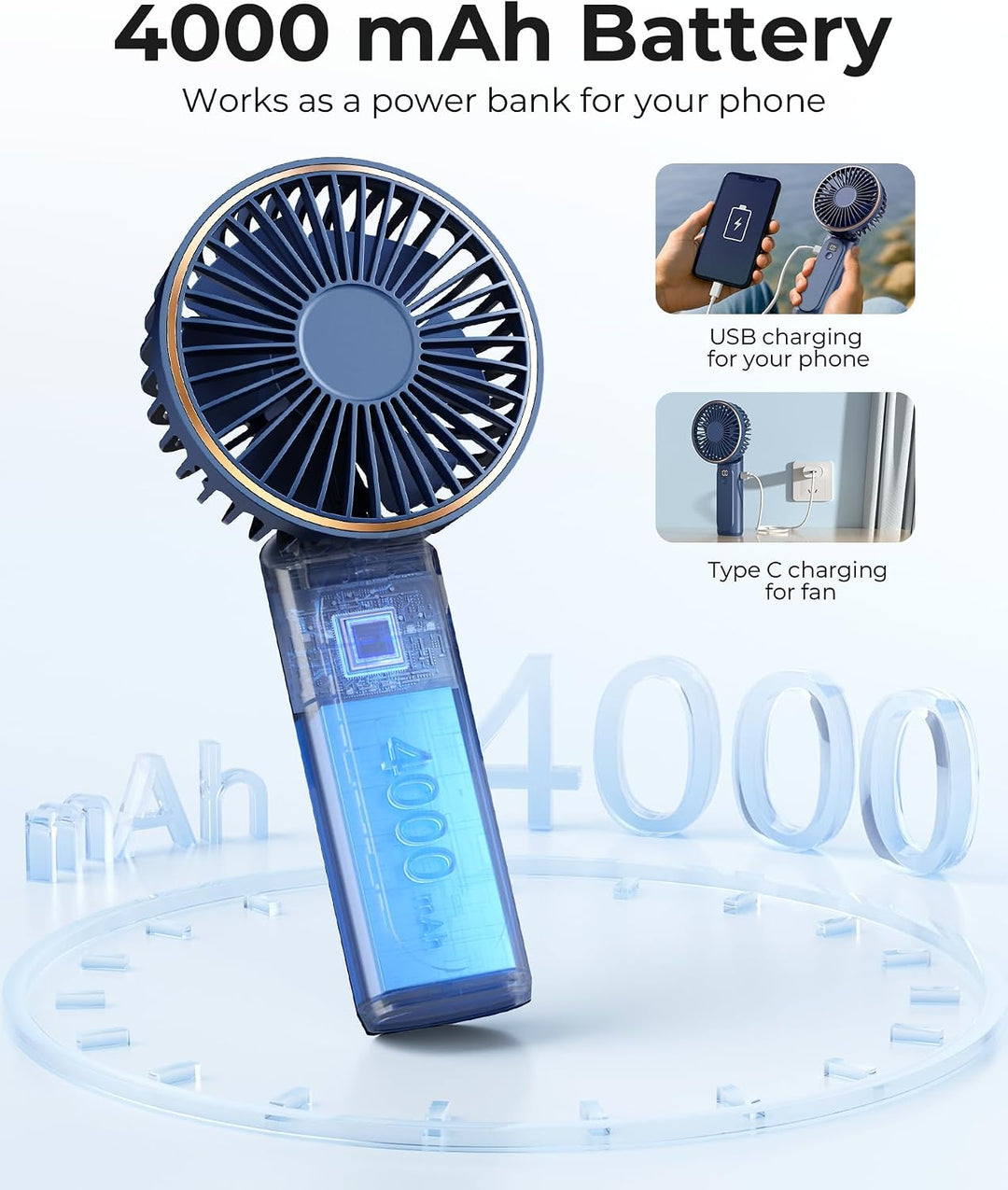 TUNISE Ventilador de Mano Portátil, Ventilador Portátil Recargable,...