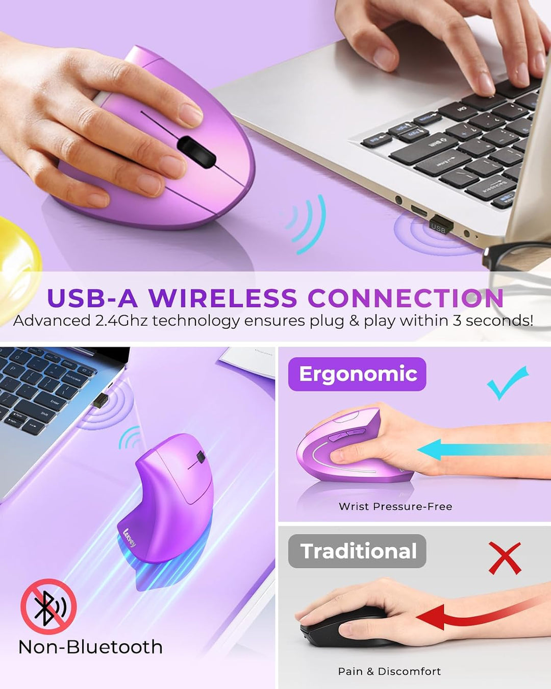 Lekvey Ratón Ergonómico, Ratón Vertical Inalámbrico Recargable 2.4...