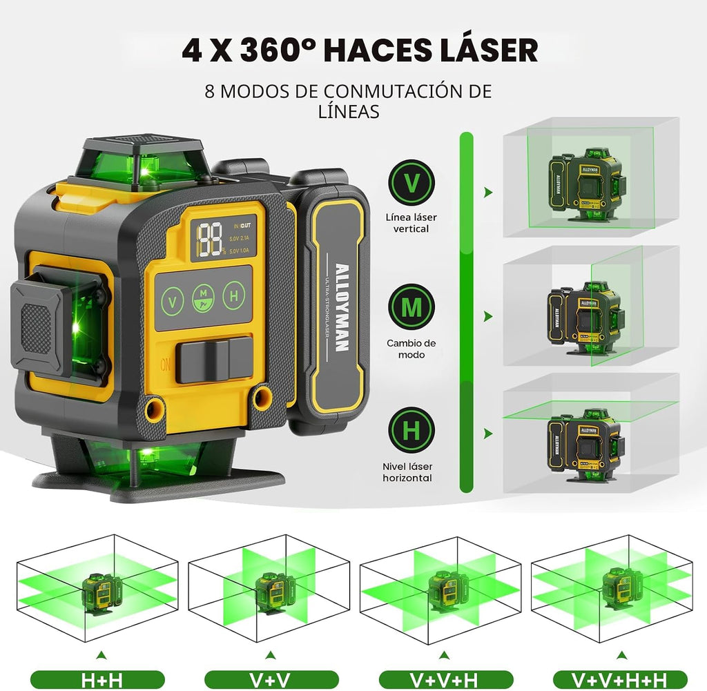 Alloyman Nivel láser con trípode, nivel láser 4 × 360 ° autonivelante