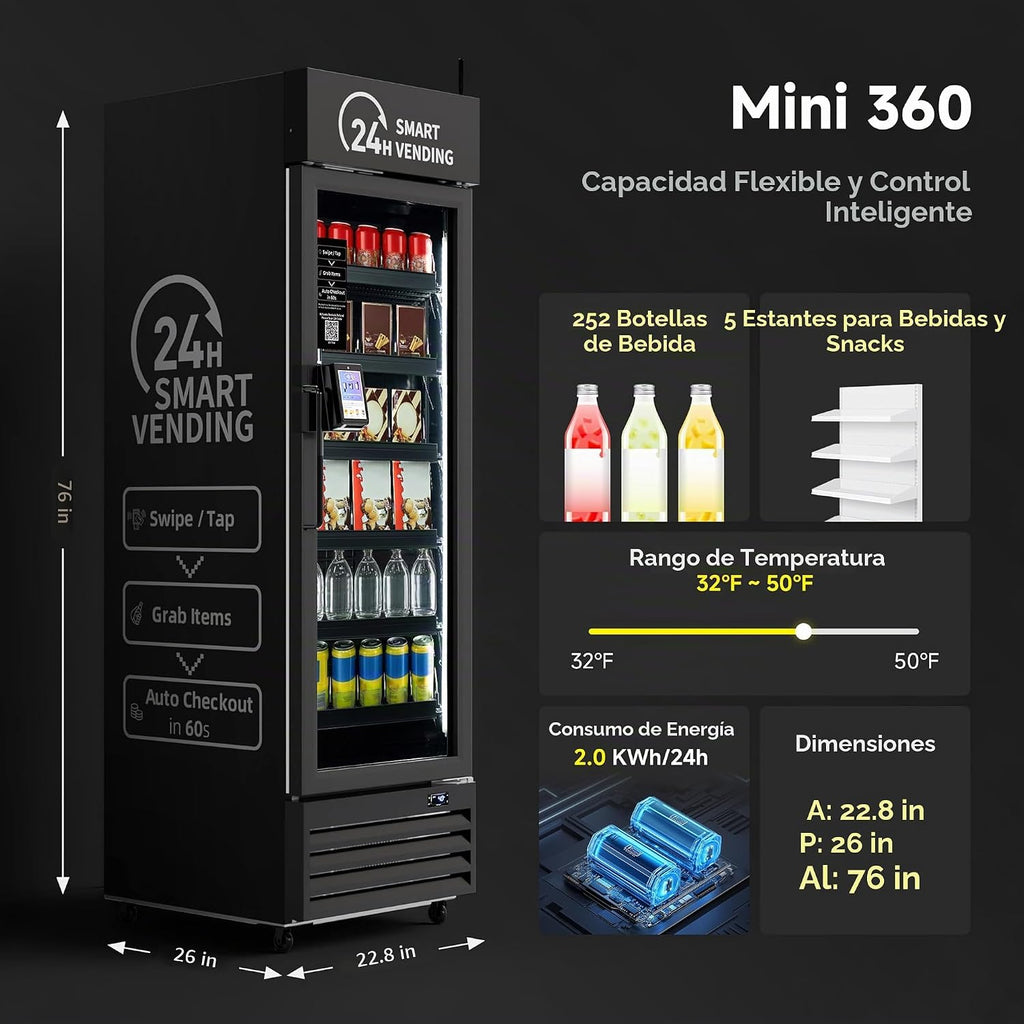Máquina expendedora AI con autopago – DC360 Combo expendedor refrigerado para alimentos frescos, aperitivos y bebidas frías – Inventario en tiempo real – Ideal para oficina, escuela, hospital, gimnasio (negro)