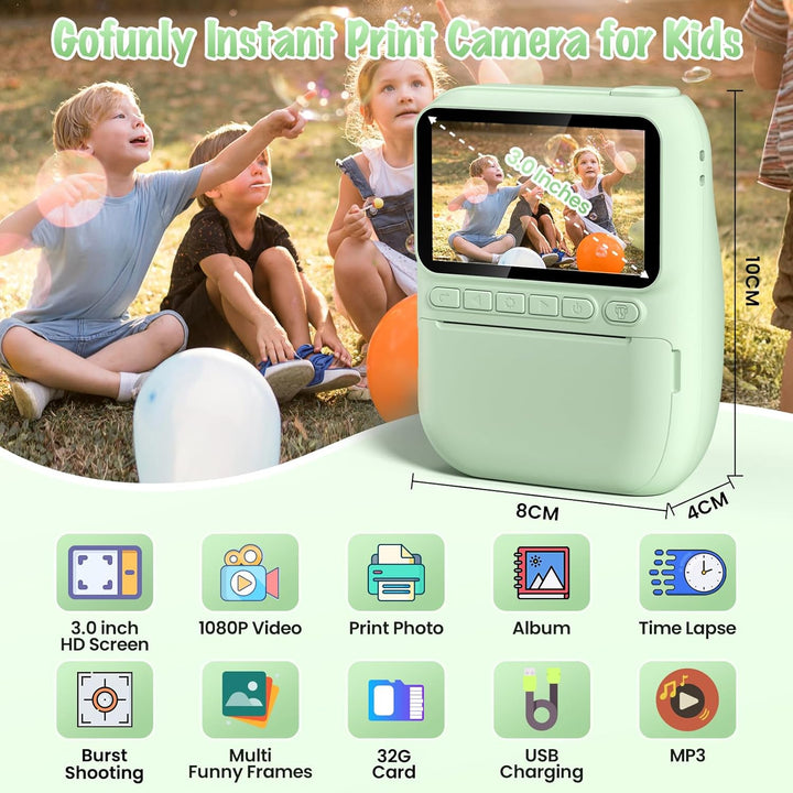 Cámara para Niños con Impresión Instantánea, 3.0" HD 32MP 1080P...