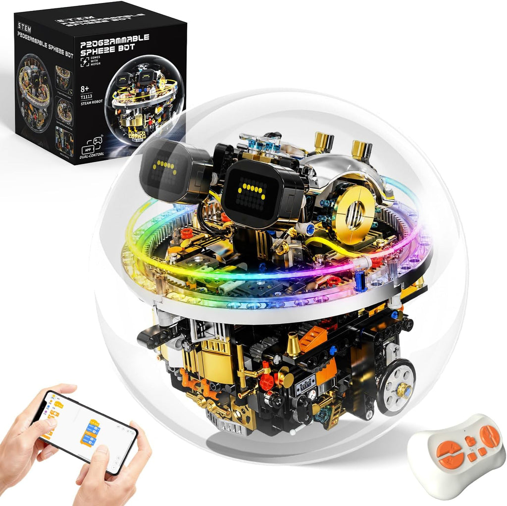 STEM Robot Kit de construcción para niños de 8 a 14 años, 804 piezas de juguete robótico esférico de control remoto y aplicación con expresiones LED y luces Cyberpunk, juego de codificación técnica