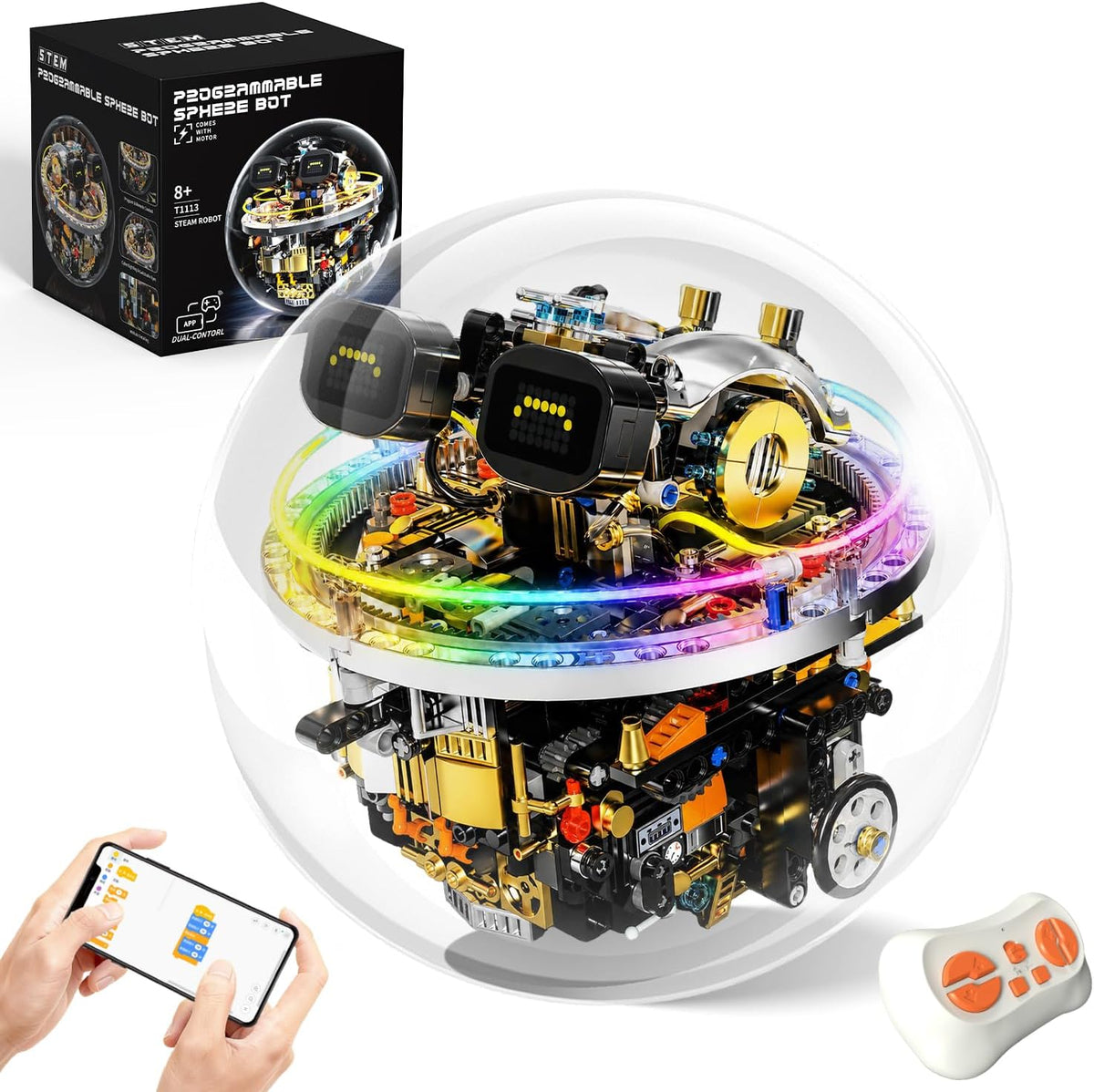 STEM Robot Kit de construcción para niños de 8 a 14 años, 804 piezas de juguete robótico esférico de control remoto y aplicación con expresiones LED y luces Cyberpunk, juego de codificación técnica