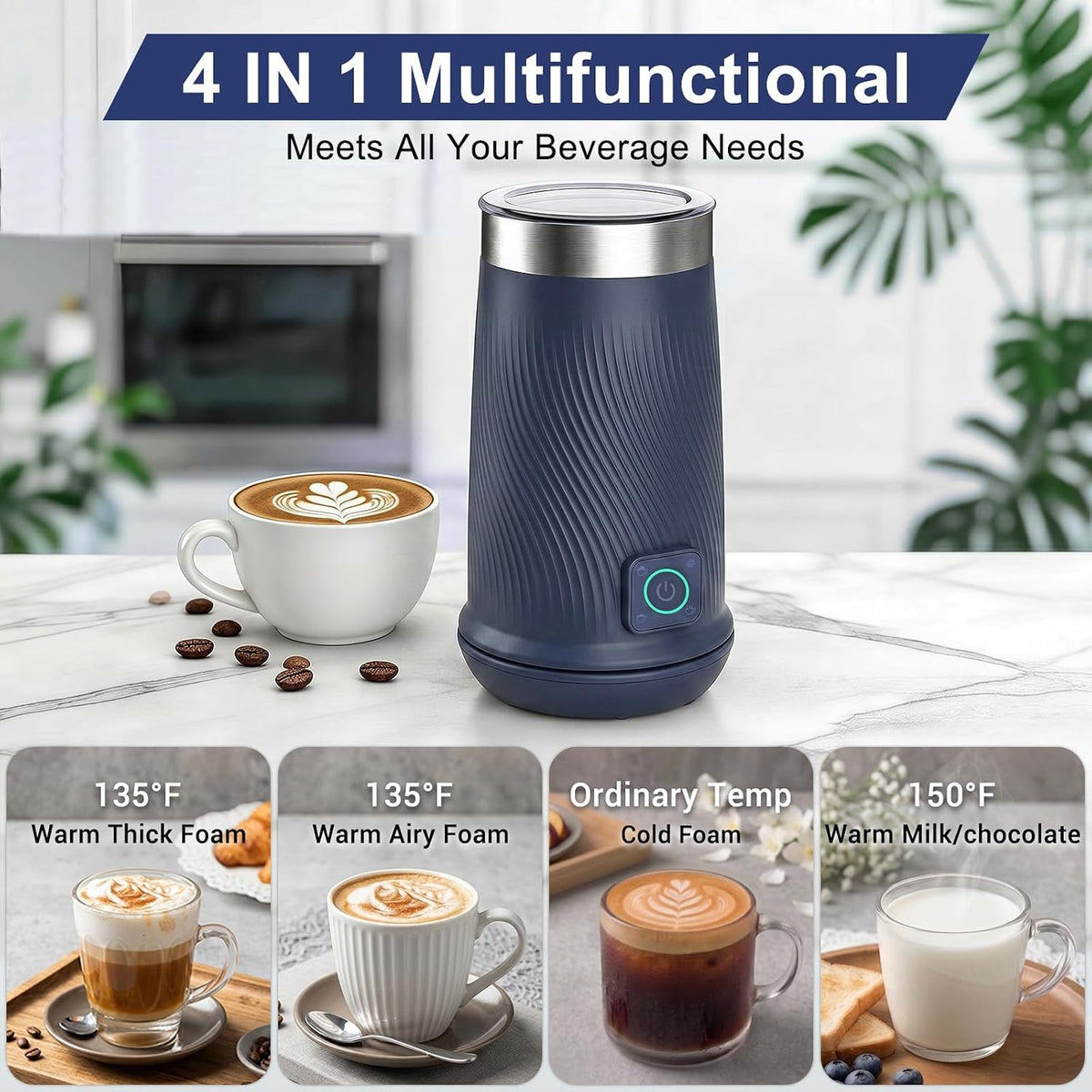 Wowteam Espumador de leche, vaporizador de leche eléctrico 4 en 1, calentador de leche caliente y fría y máquina de espuma para café, café con leche, capuchinos, macchiato, 8.2 oz/8.1 fl oz, acero