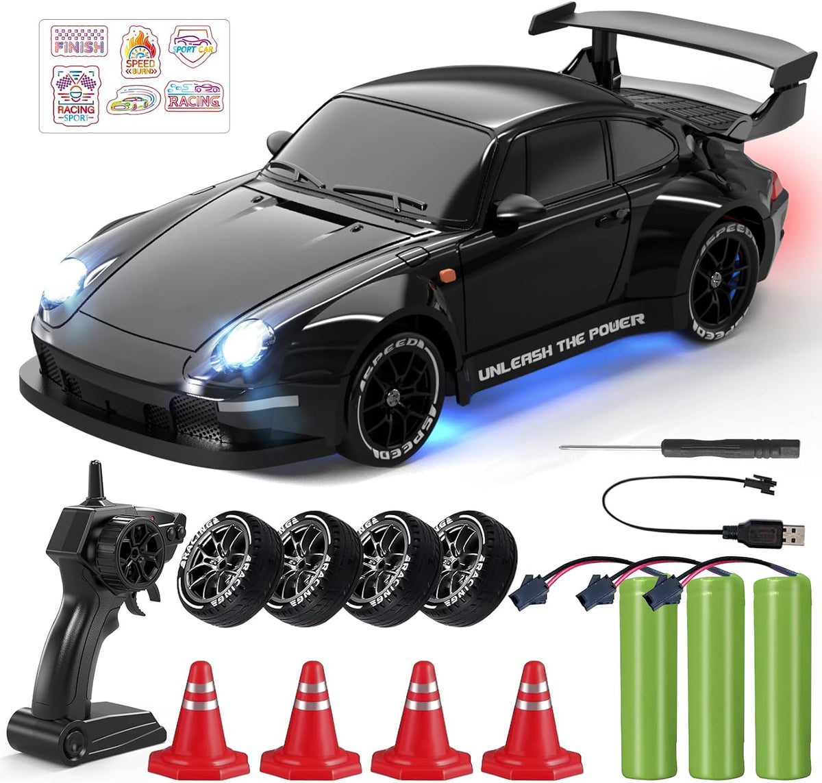 RC Drift Car, Auto a Control Remoto 1:24 para Niños y Adultos, Negro Carbón