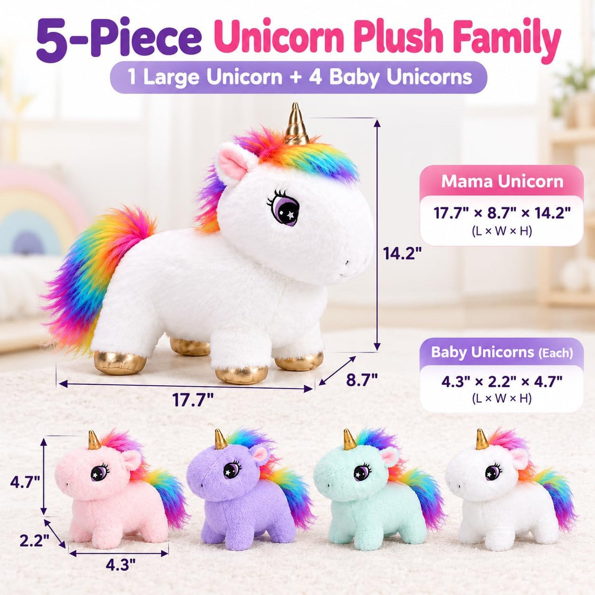 Animal de peluche de unicornio con bebés, conjunto familiar de felpa suave para mamá, lindo juguete de caballo arcoíris, peluche de animales de fantasía, regalo para niños, niñas, niños y
