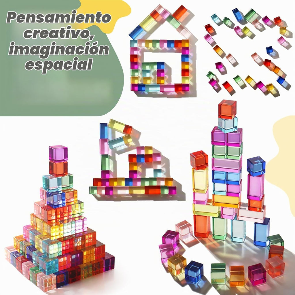 Juego de 30 bloques acrílicos mixtos – 10 largos (1.0 x 1.0 x 2.0 in) + 20 cubos (1.0 x 1.0 x 1.0 in), bloques de gemas arcoíris, juguete apilable sensorial para niños y niñas de 1, 2, 3, 4 años