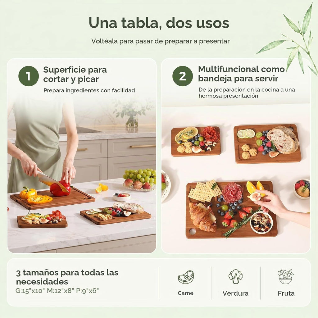 Tabla de cortar de bambú de 3 piezas, juego de tablas de cortar de madera