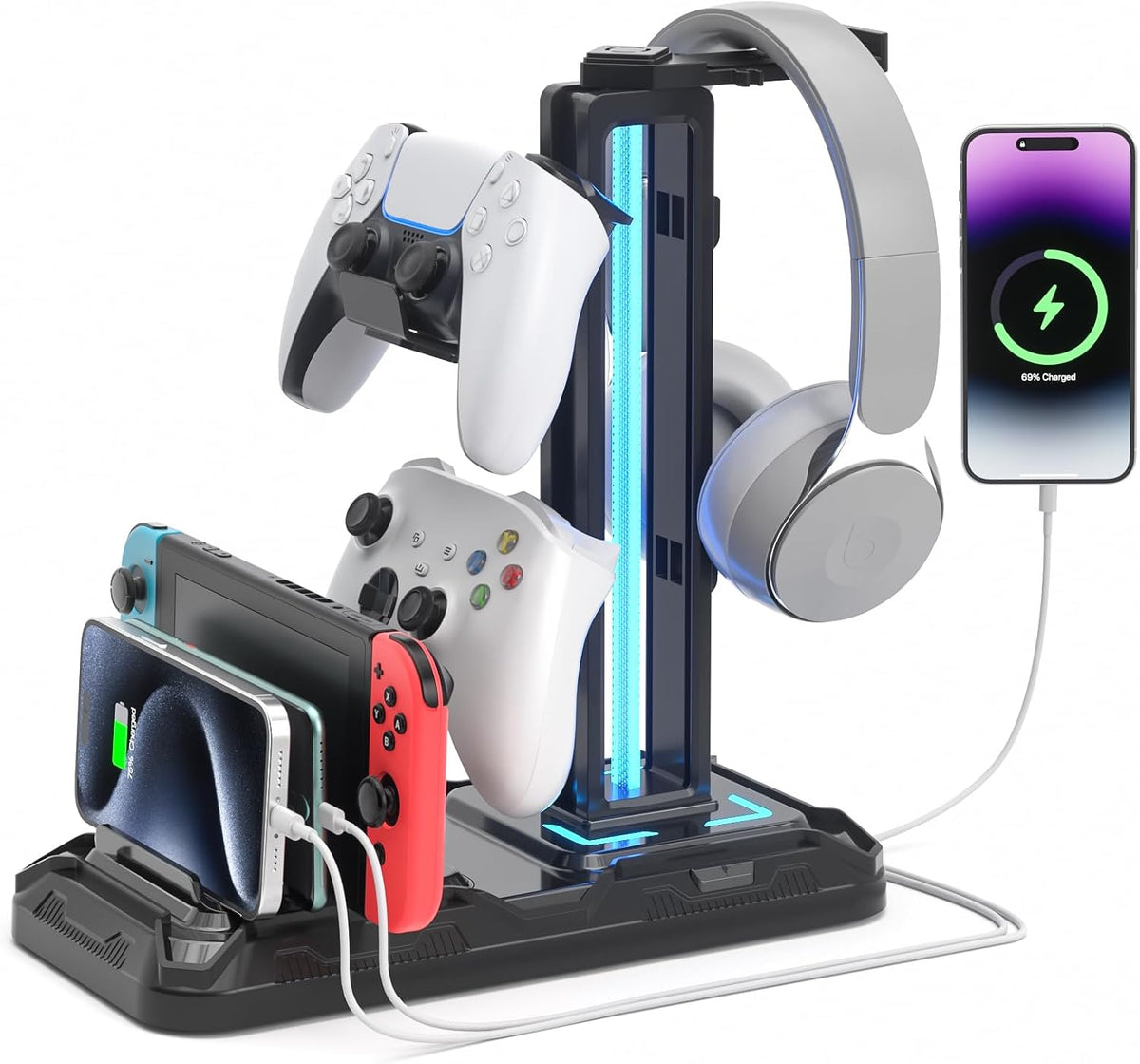 KDD Headset Stand con carga Station - Detachable Controller Holder con 9 Light Modes - Rotatable Headphone Hanger con USB &C Charger puertos - Earphone Hook para PC Gaming Accessories Storage