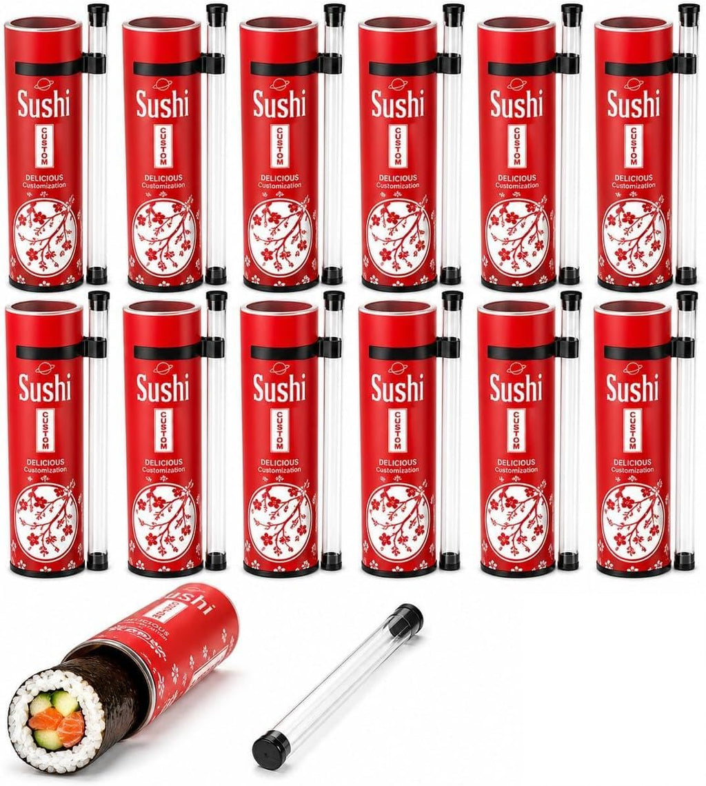 Tubo de sushi portátil, contenedor de sushi push-up, sin manos para comer sushi, soporte para rollo de sushi sobre la marcha con tubo de salsa para viajes, fiestas y comida para llevar (paquete