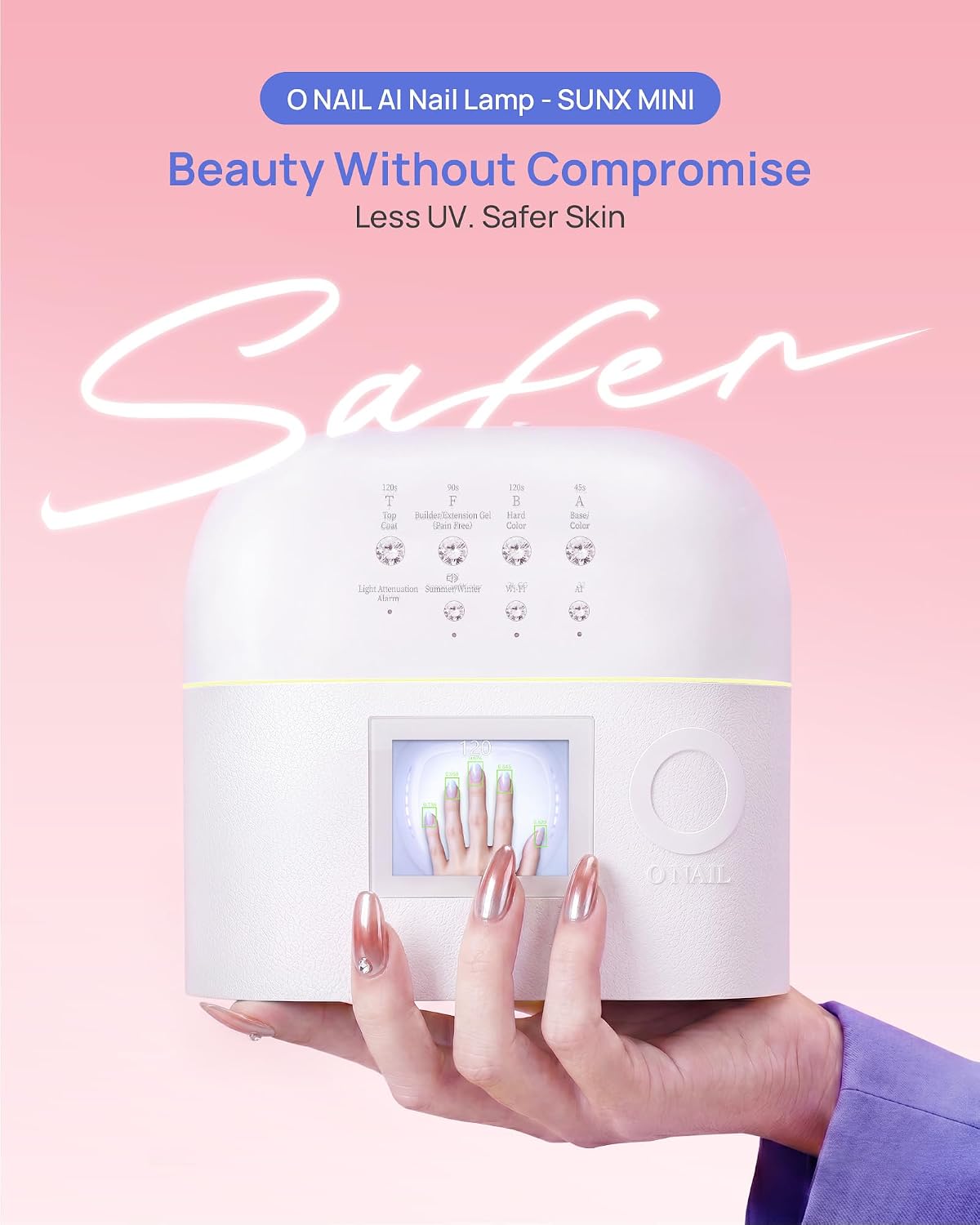 Lámpara Lámpara de uñas LED UV AI para uñas de gel, secadora inteligente de uñas O NAIL para esmalte de gel con detección de IA, portátil, compacta, luz de curado agradable a la piel para arte de uñas