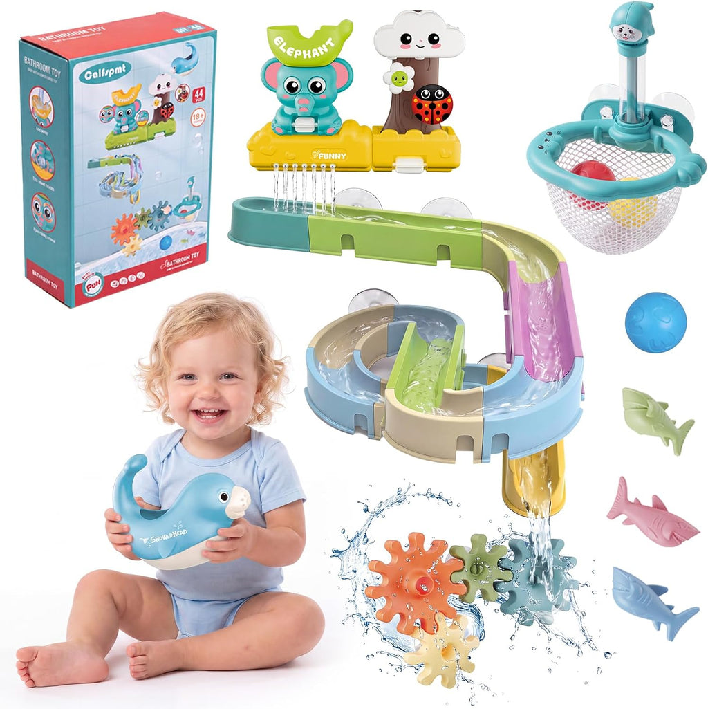 Juguetes de baño para niños pequeños, juego de juguetes de pista de cascada montado en la pared con elefante y ducha de árbol, tubo de pulverización de agua, engranajes giratorios, pista deslizante de
