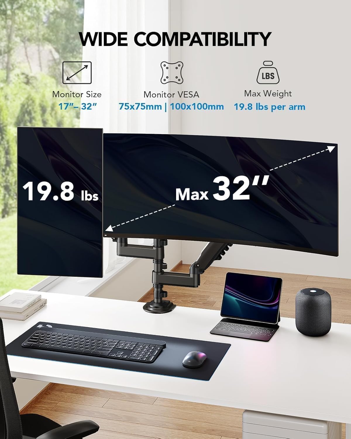 HUANUO - Soporte para monitor dual de 17 a 32 pulgadas, soporte para monitor apilado, brazos de monitor para 2 monitores, inclinación / giro ajustable ergonómico, peso máximo 19.8 libras, VESA 75/100