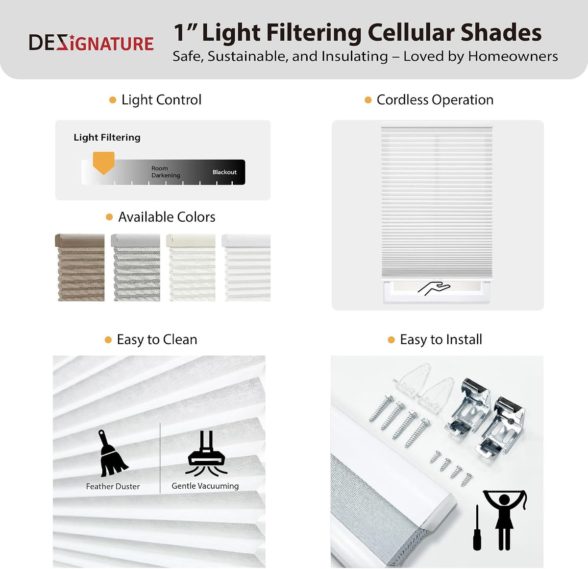 DEZ FURNISHINGS - Persiana celular sin cables de 1" de filtro de luz Signature, 20.5" de ancho x 64" de alto, Blanco