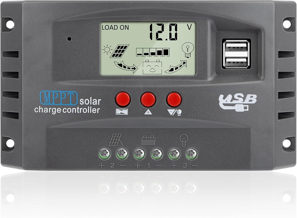 Controlador de carga de panel solar MPPT de 100 A, controlador de cargador de batería solar automático de 12 V/24 V con pantalla LCD, puerto USB dual y temporizador de ajuste de horas de