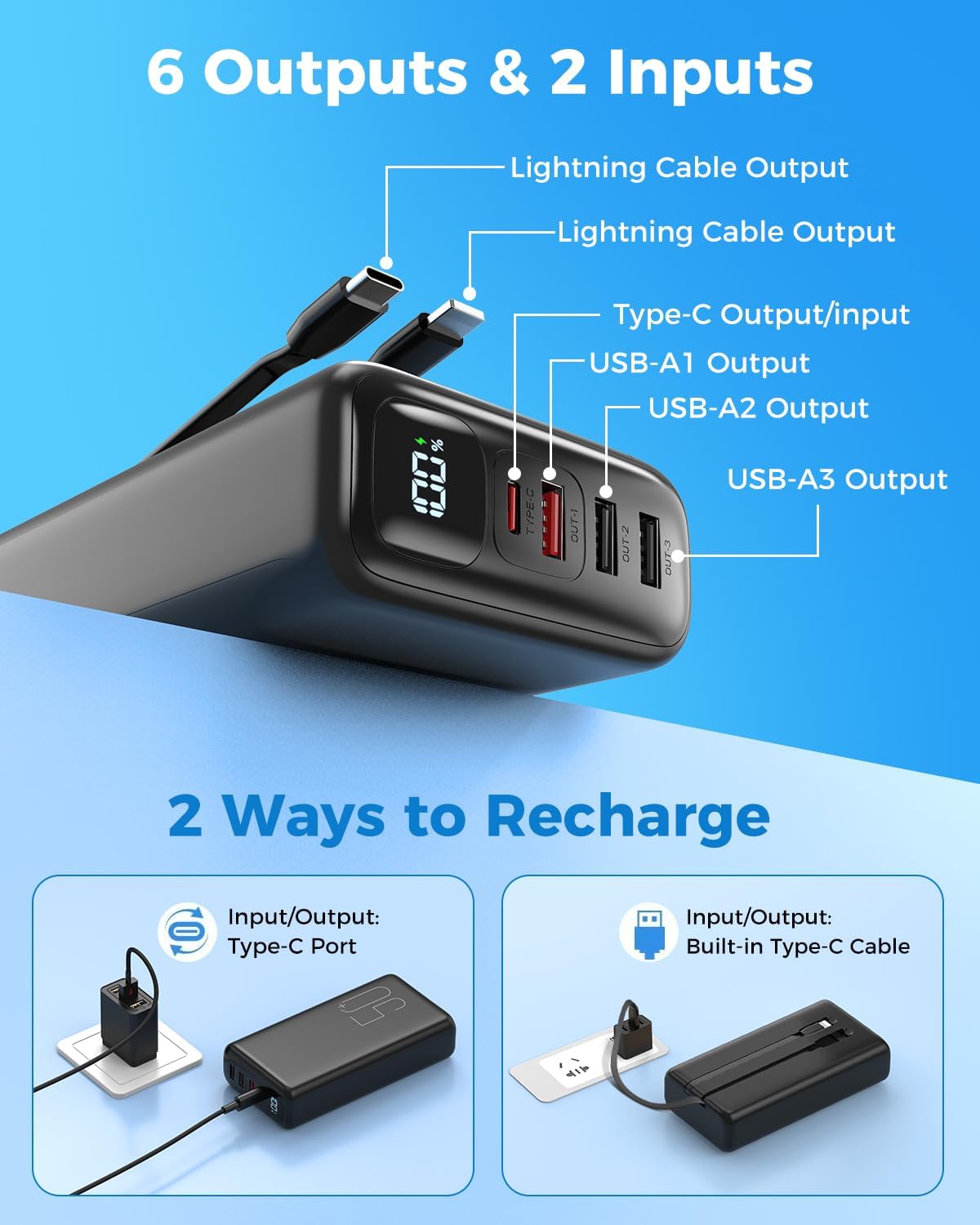 Eliegntist Cargador portátil de 50000 mAh con cables USB-C y Lightn...